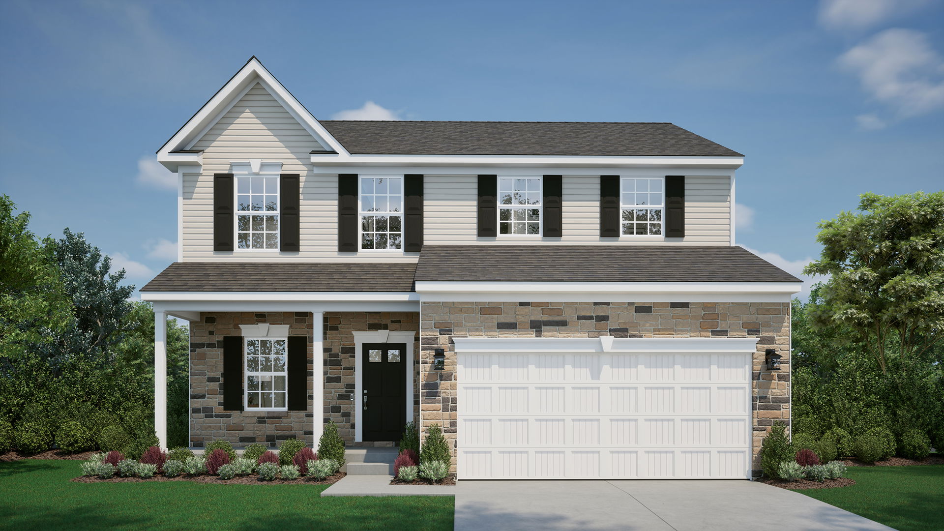 Elegant two-story suburban home with a stone facade, black shutters, and a white garage, surrounded by landscaped greenery under a clear blue sky.