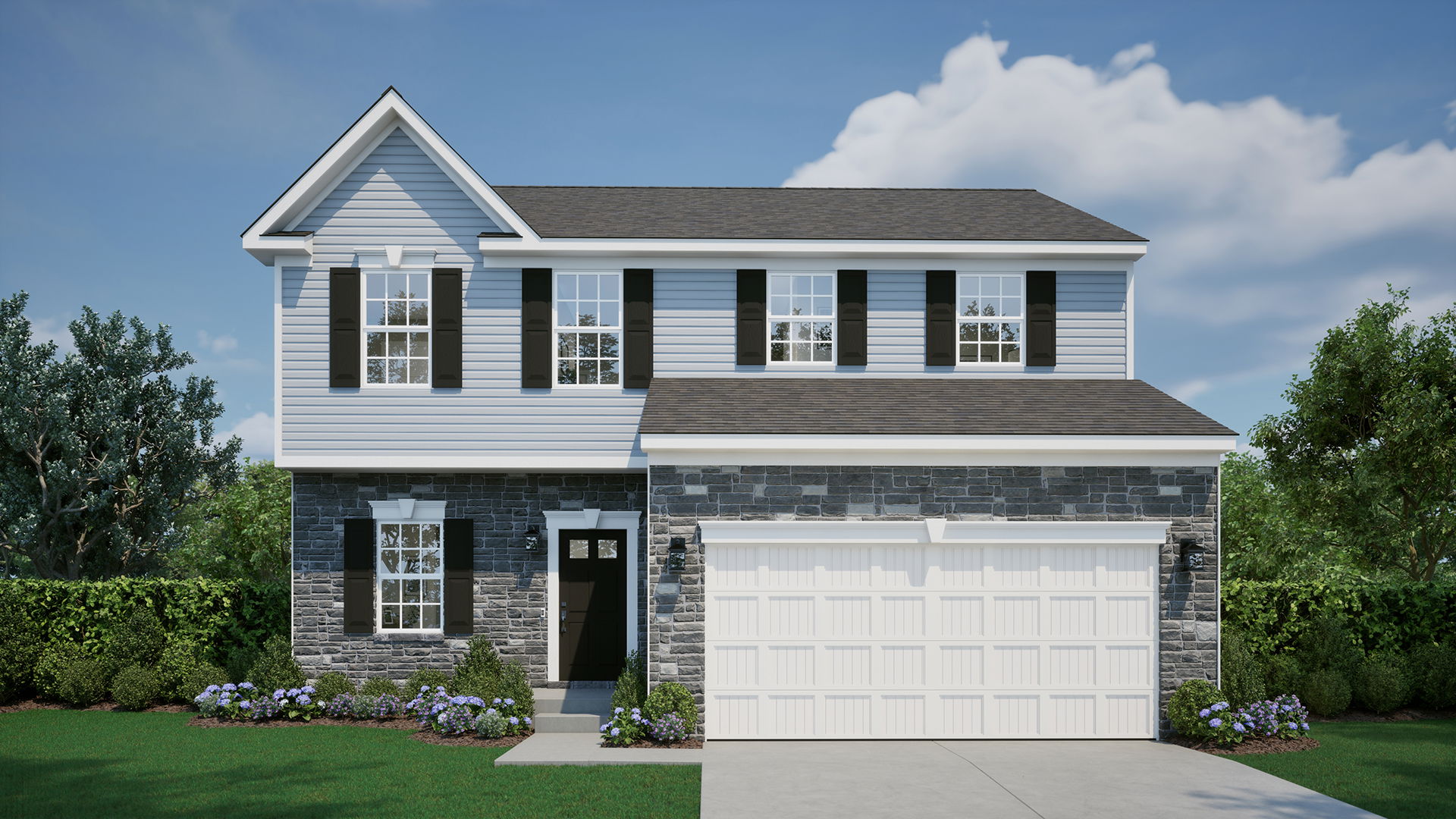 A modern two-story house with blue siding, stone accents, black shutters, and a white double garage set against a clear blue sky.