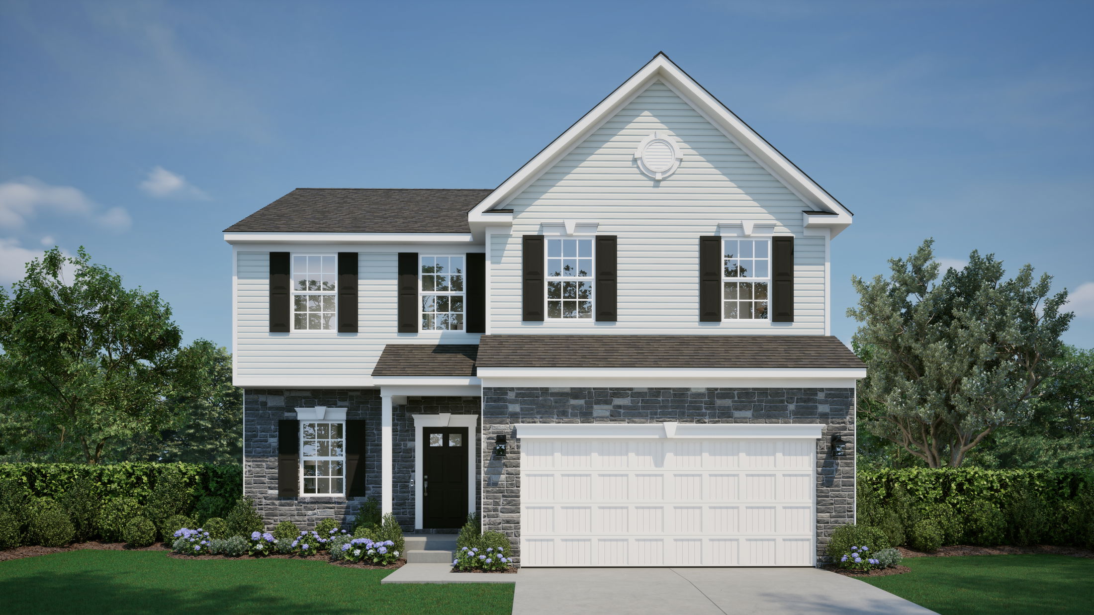 Two-story suburban house with white siding, black shutters, and a landscaped front lawn.