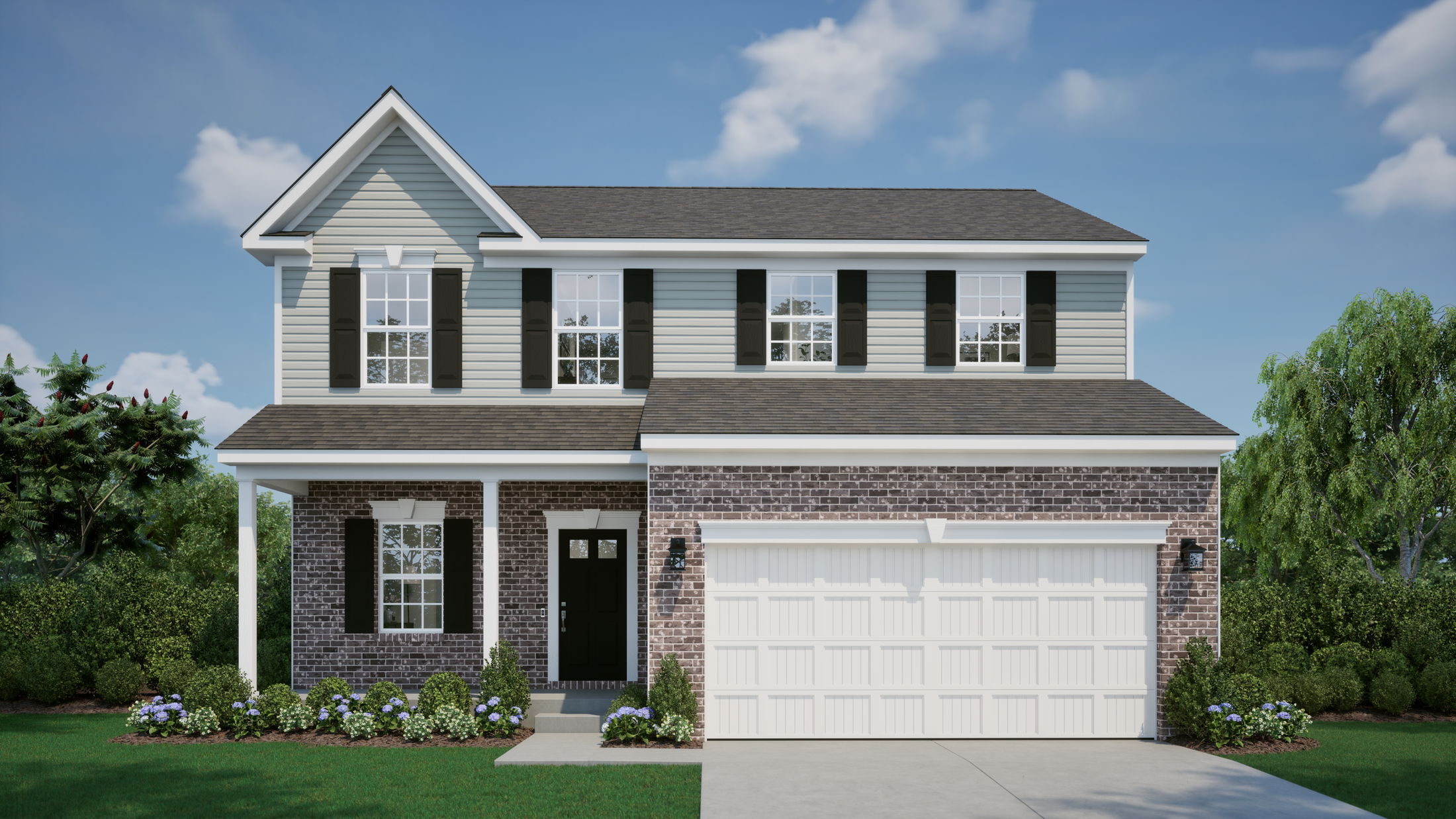 Two-story suburban house with brick facade, black shutters, and white garage, surrounded by landscaped greenery.