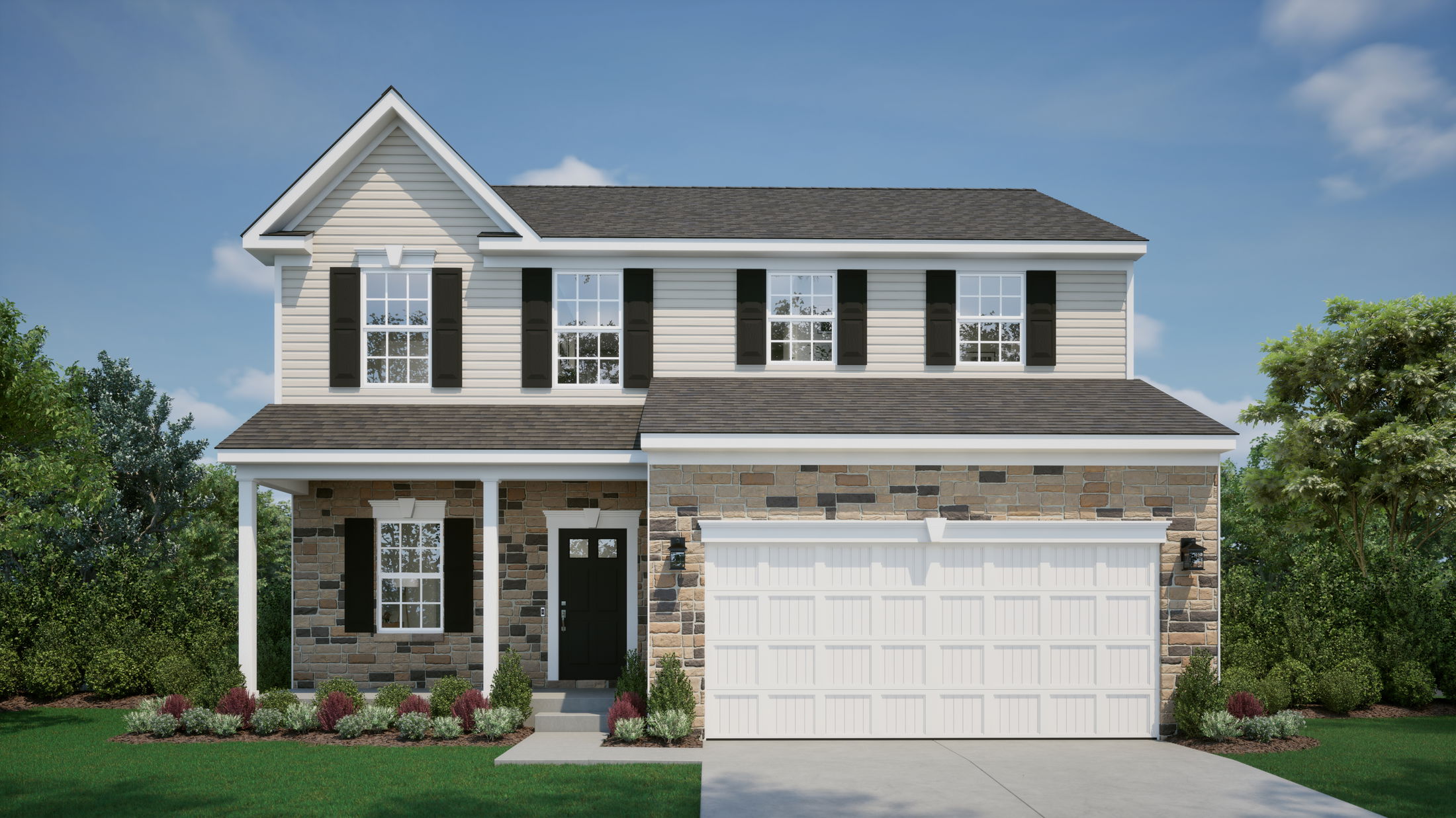 Front view of a modern two-story suburban house with beige siding, black shutters, stone accents, and a two-car garage.