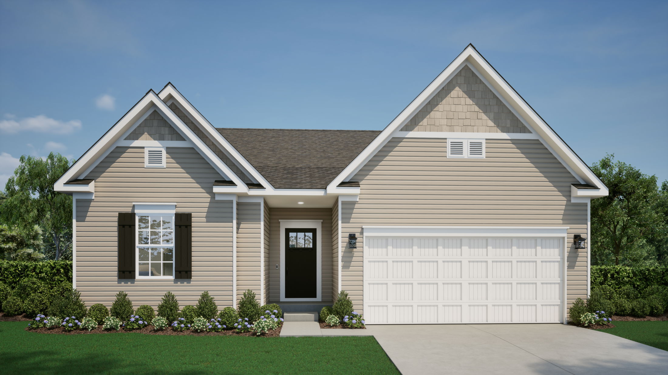 Image of a single-story beige suburban house with gable roof, white garage door, and manicured landscaping.