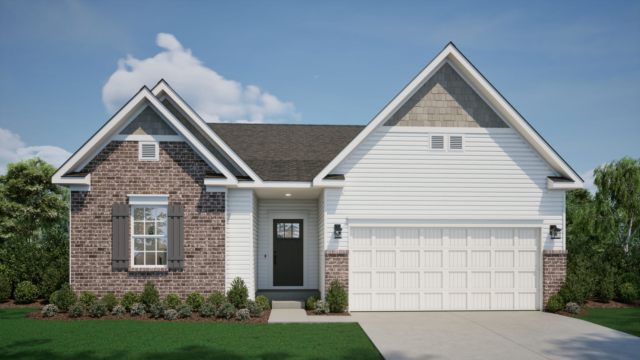 Exterior view of a modern suburban home with brick and white siding, featuring a double garage and well-maintained landscaping.