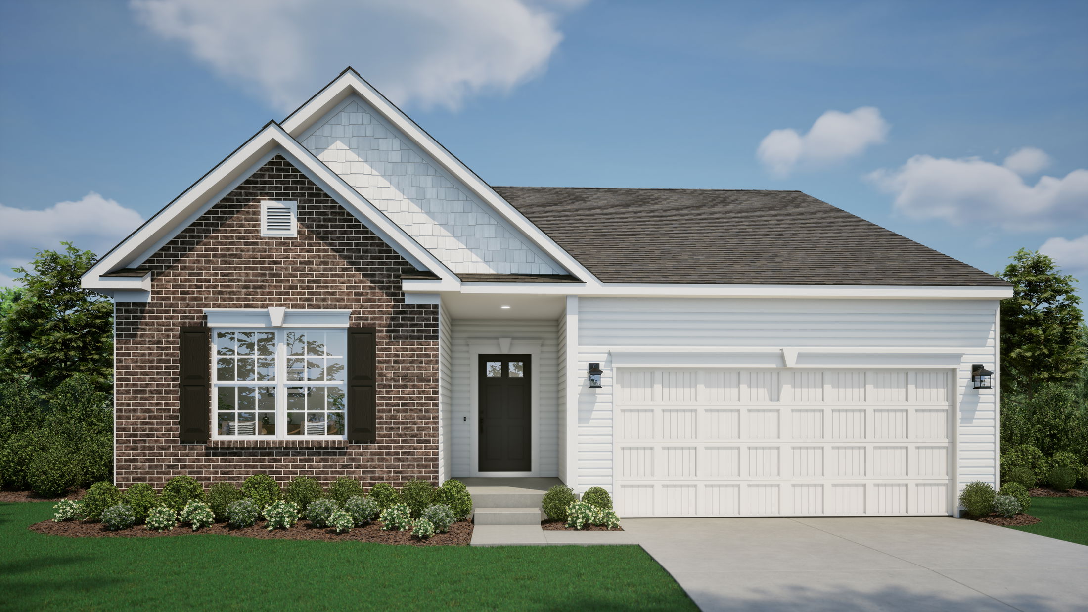 Charming suburban home with a brick front and a two-car garage, set against a clear blue sky.