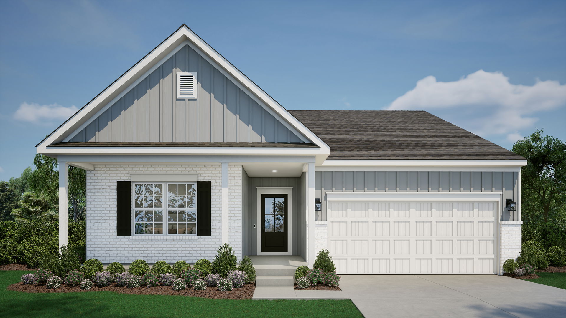 Modern single-story house with a gable roof, white brick facade, and landscaped front yard.