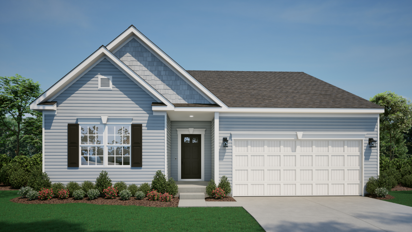Charming single-story blue house with white trim, black shutters, and attached two-car garage, surrounded by landscaped greenery under a clear blue sky.