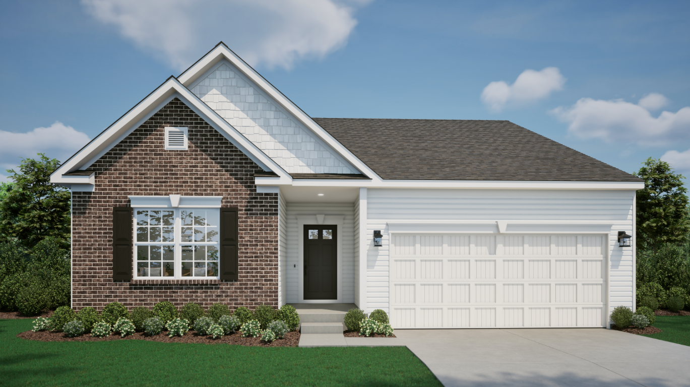 Modern single-story brick and siding house with a two-car garage and manicured landscaping against a clear blue sky.