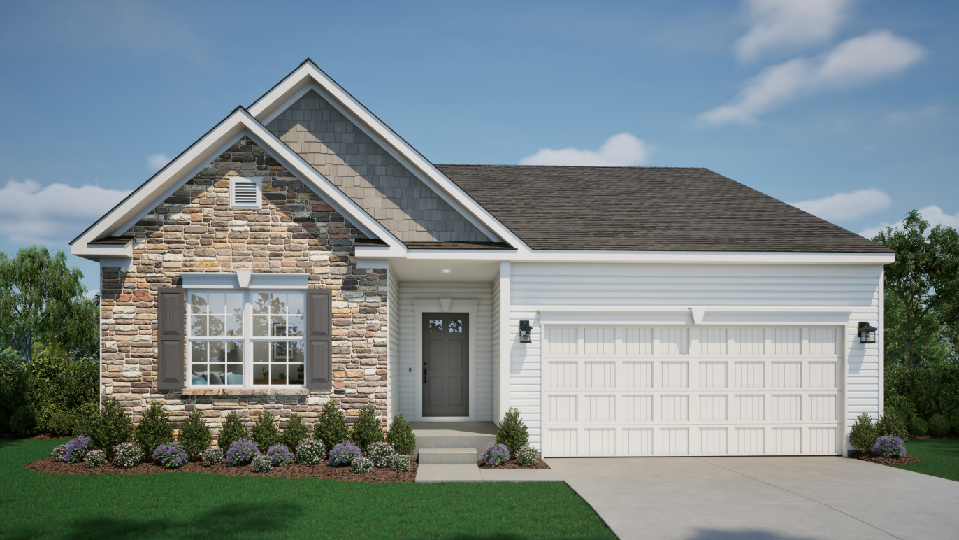 Modern suburban single-story house with stone and siding exterior, attached two-car garage, and landscaped front yard.
