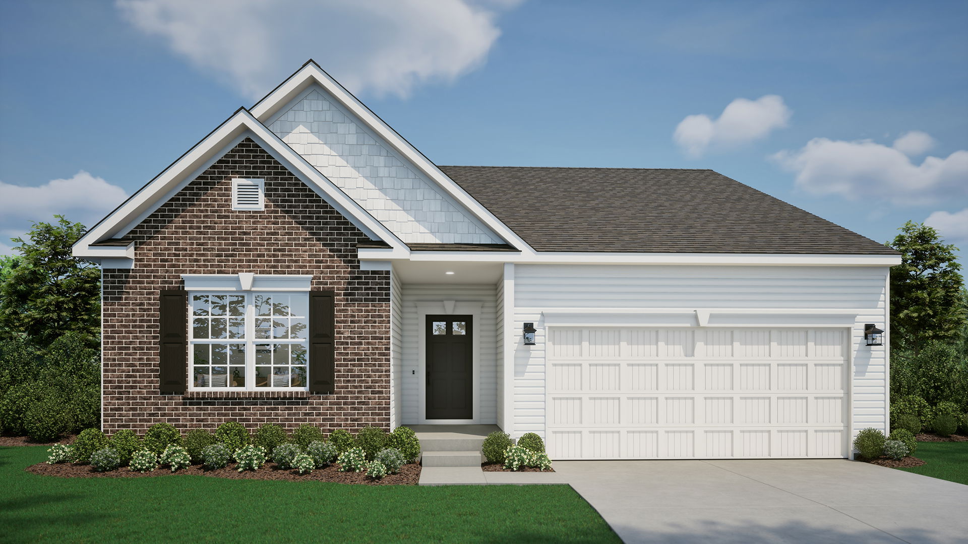 Modern single-story suburban home with brick and siding exterior, featuring a two-car garage and manicured landscaping.