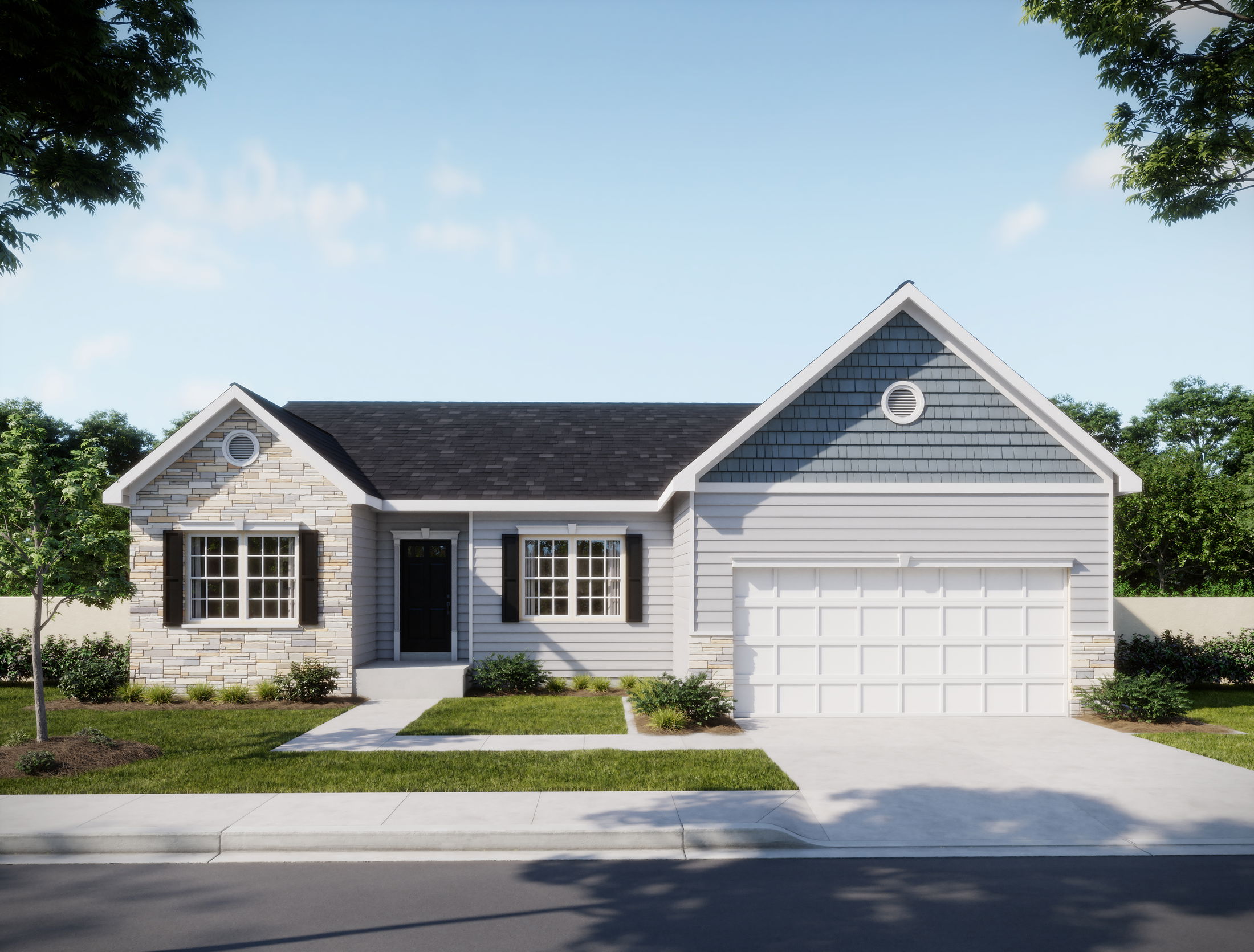 Charming single-story suburban house with stone and siding facade, black roof, and attached two-car garage on a sunny day.