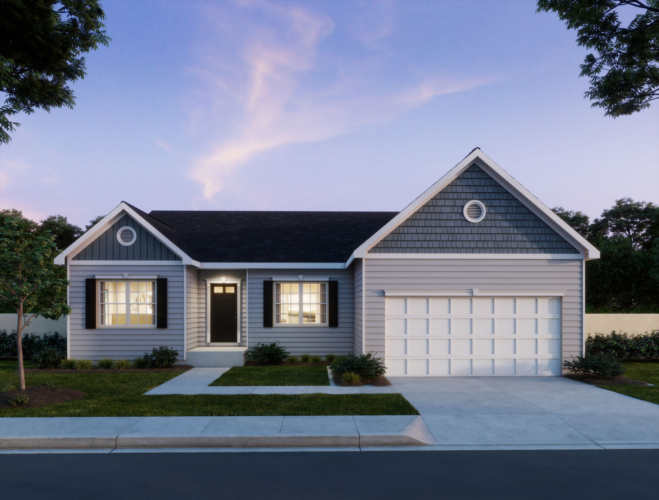 Single-story gray house with a gabled roof, attached garage, and landscaped front yard at dusk.