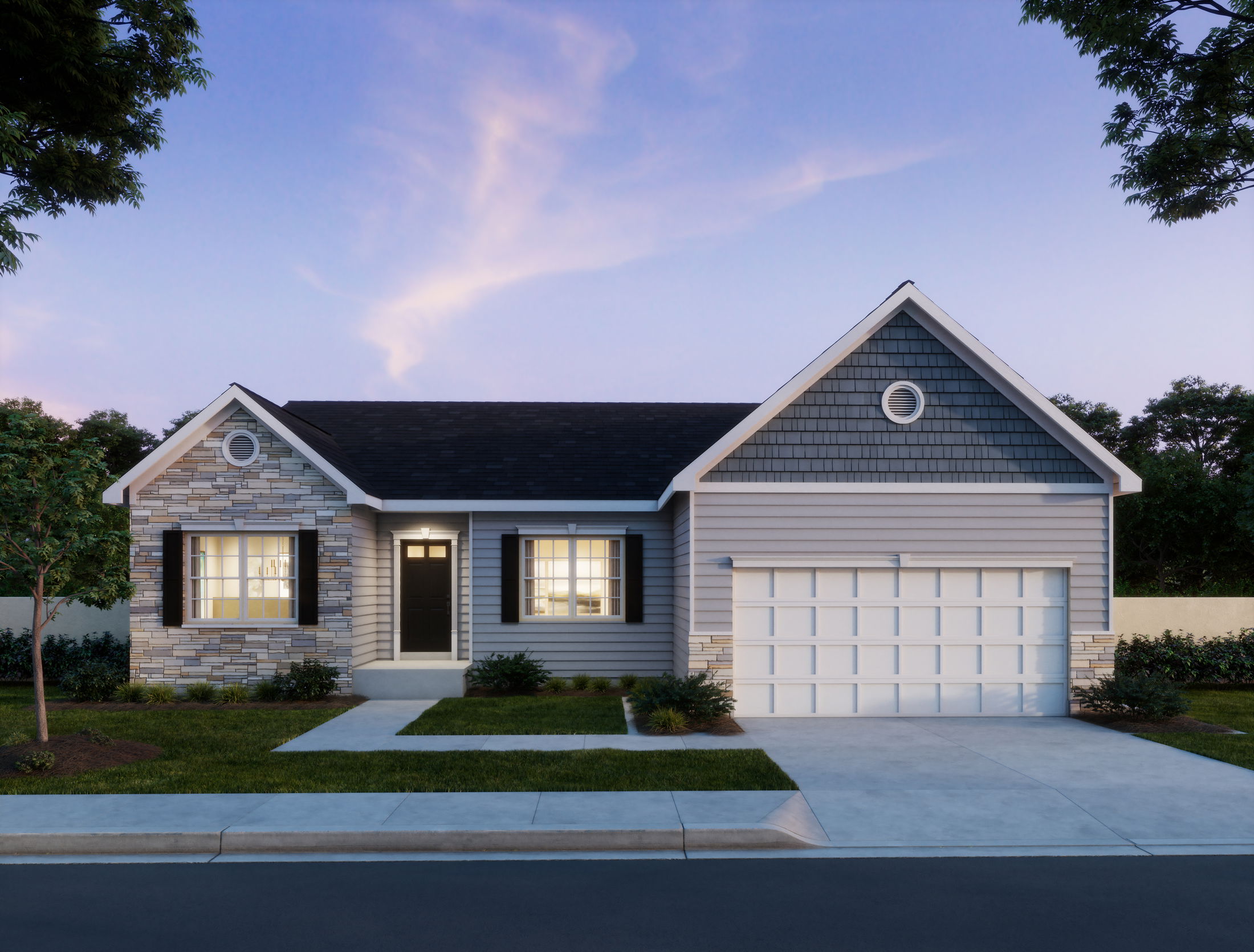 A modern single-story suburban house with a stone façade, large windows, and a spacious garage, set against a twilight sky.