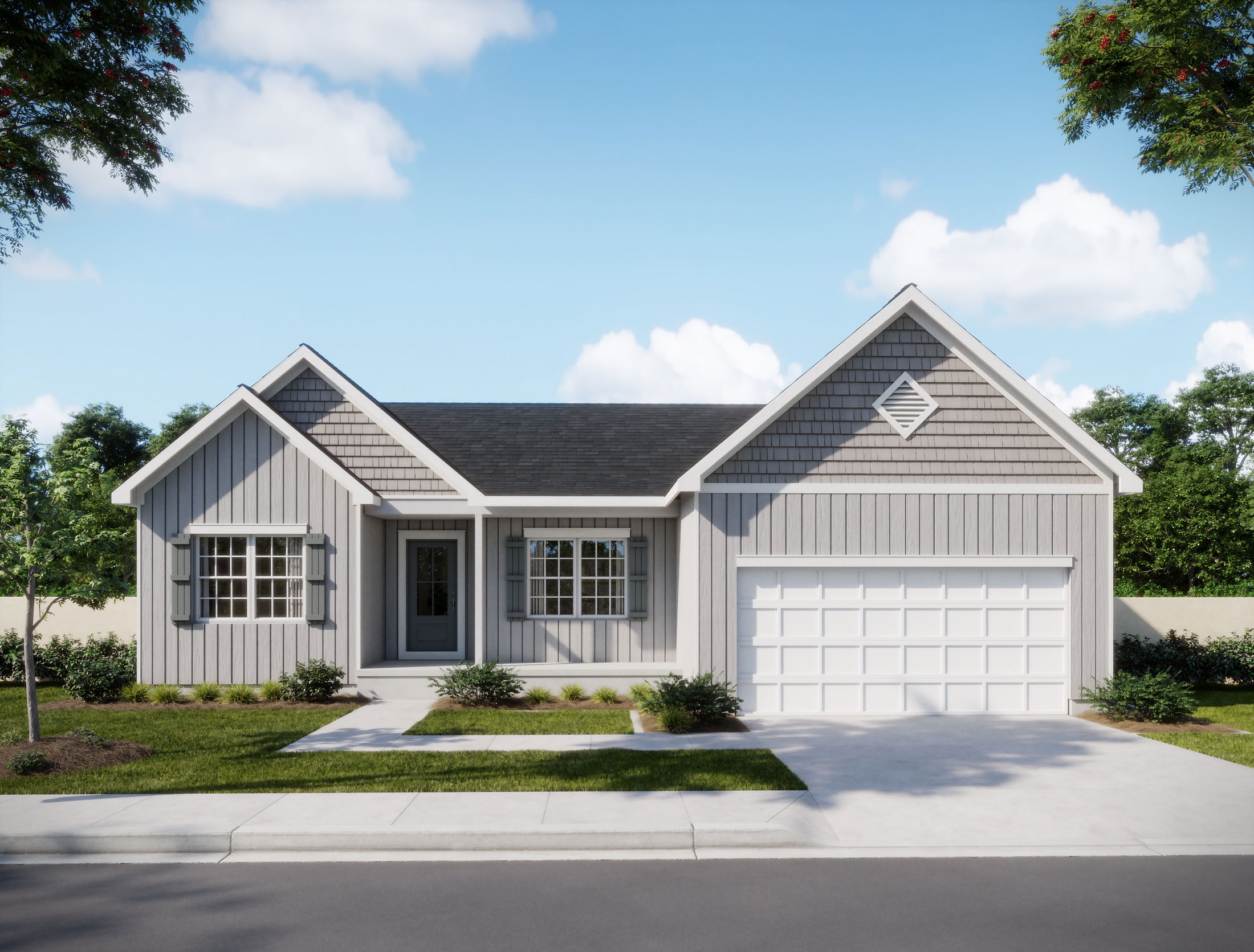 Single-story gray suburban house with a spacious front lawn, two-car garage, and clear blue sky.
