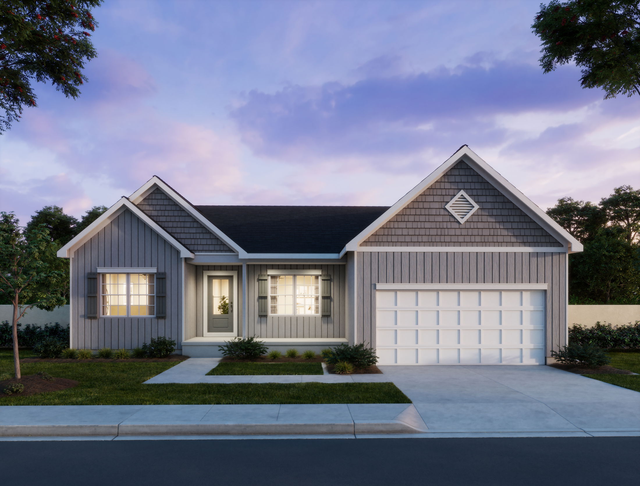 Modern gray single-story house with white trim, a double garage, and a well-maintained front yard under a sunset sky.