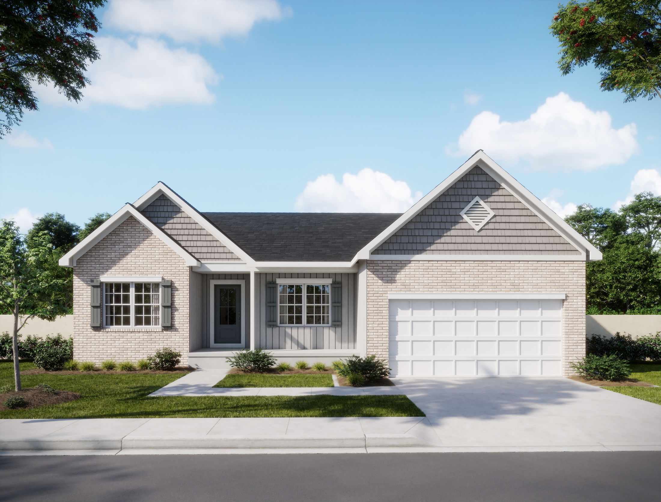 Charming single-story suburban house with a brick exterior and attached garage under a clear blue sky.