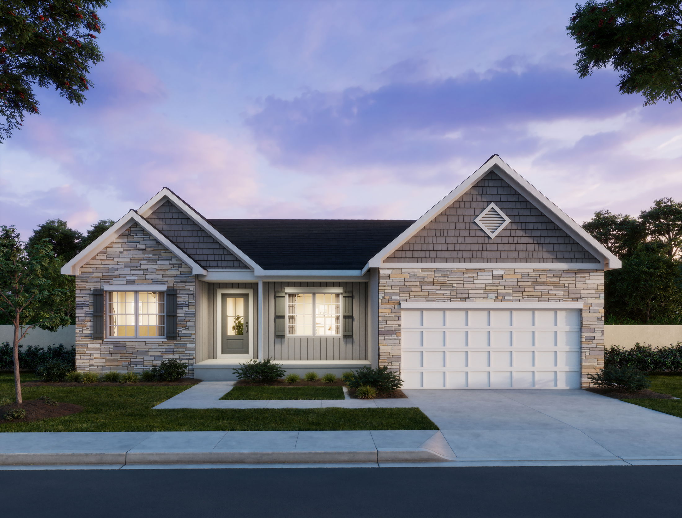 A charming single-story suburban house with stone and shingle siding, illuminated at dusk.