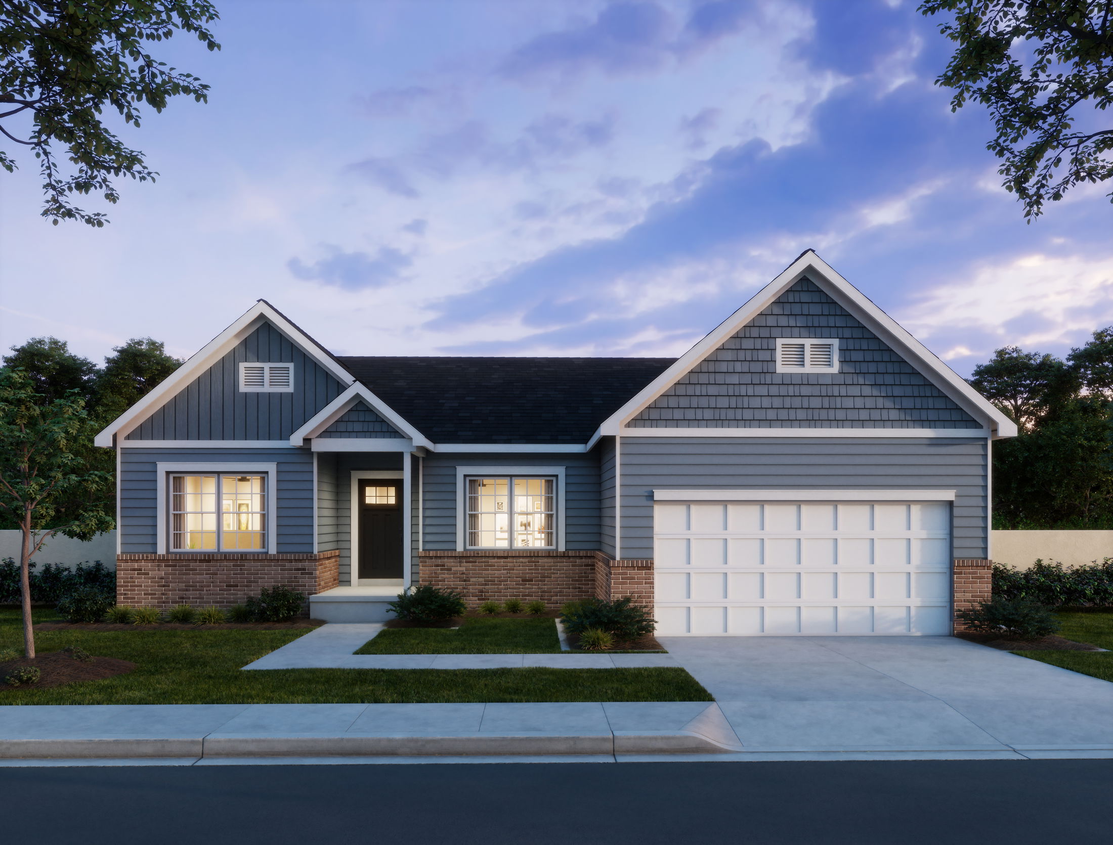Single-story blue house with brick accents, white garage doors, and a manicured lawn, set against a twilight sky.