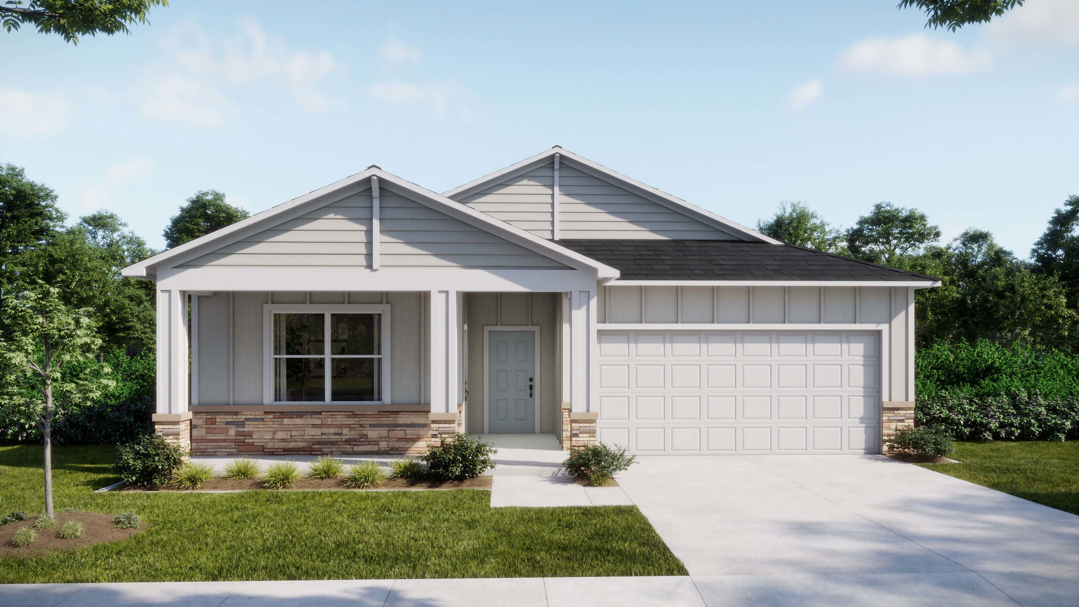 Modern single-story suburban home with a double garage and landscaped front yard.