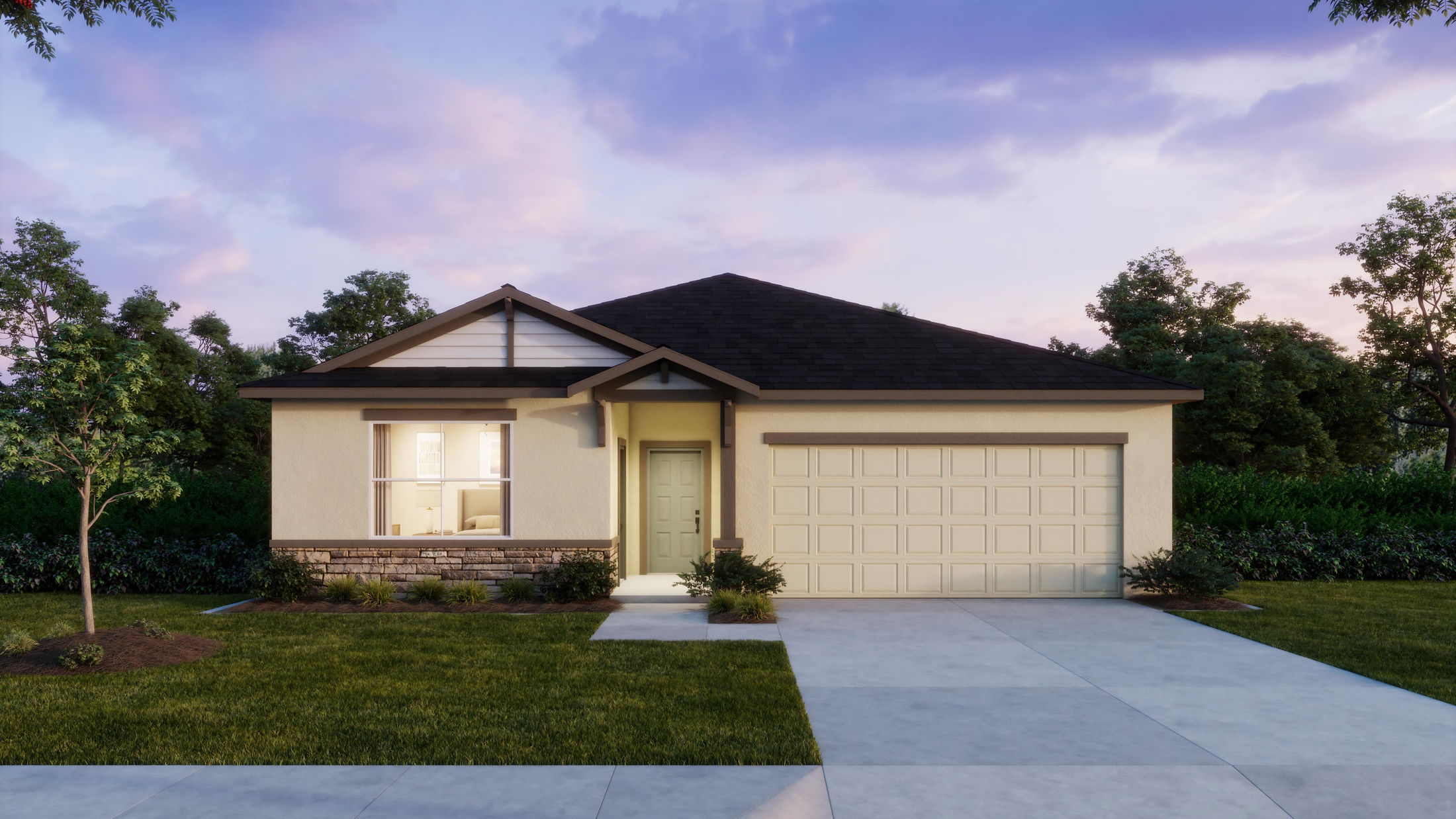 Modern single-story home with a neatly maintained lawn and two-car garage at dusk.