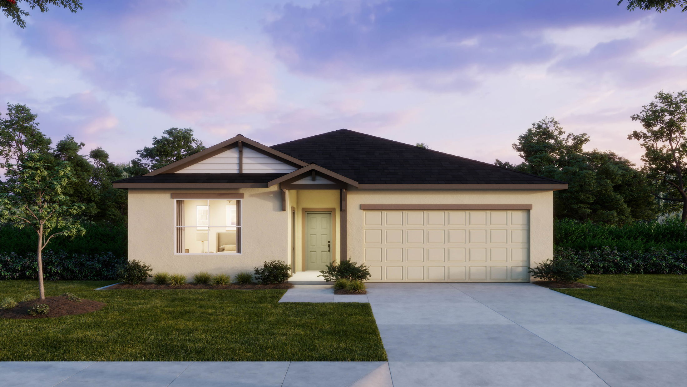 Modern single-story house with a double garage, surrounded by lush greenery at sunset.