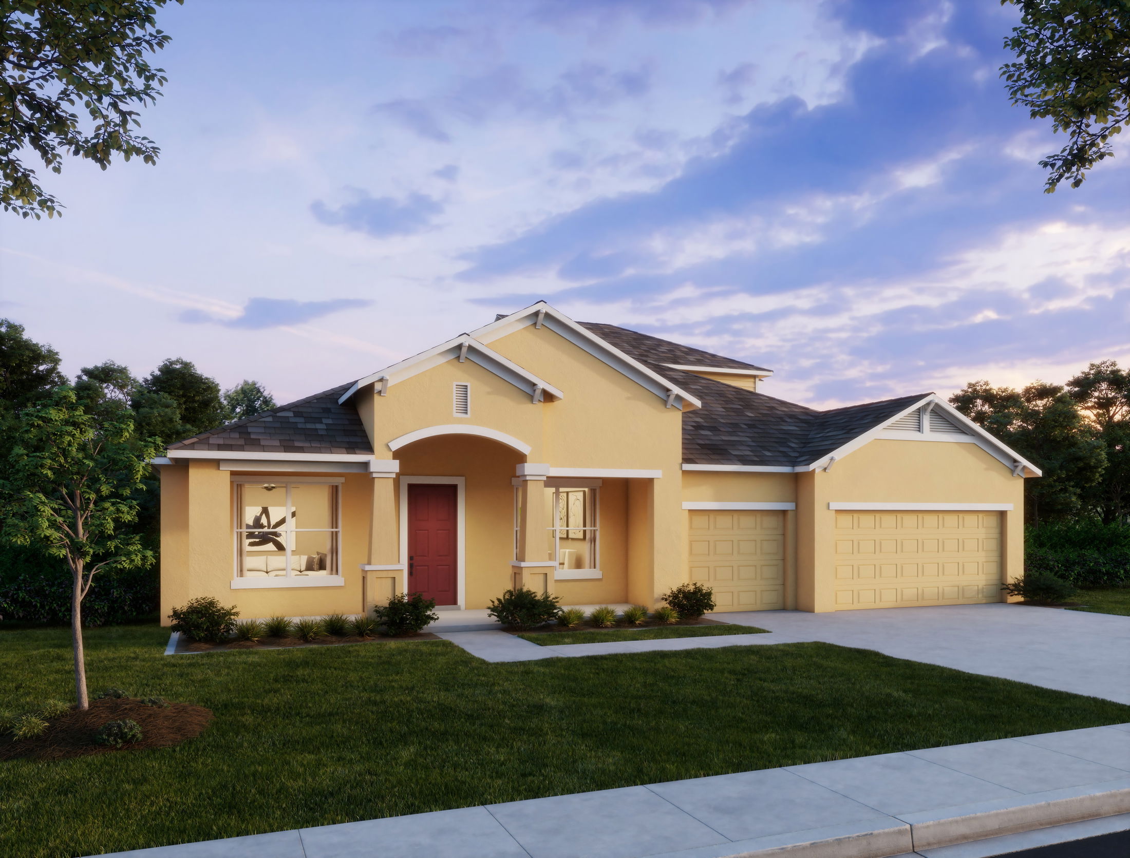 Sunny yellow suburban home with a manicured lawn and two-car garage under a twilight sky.