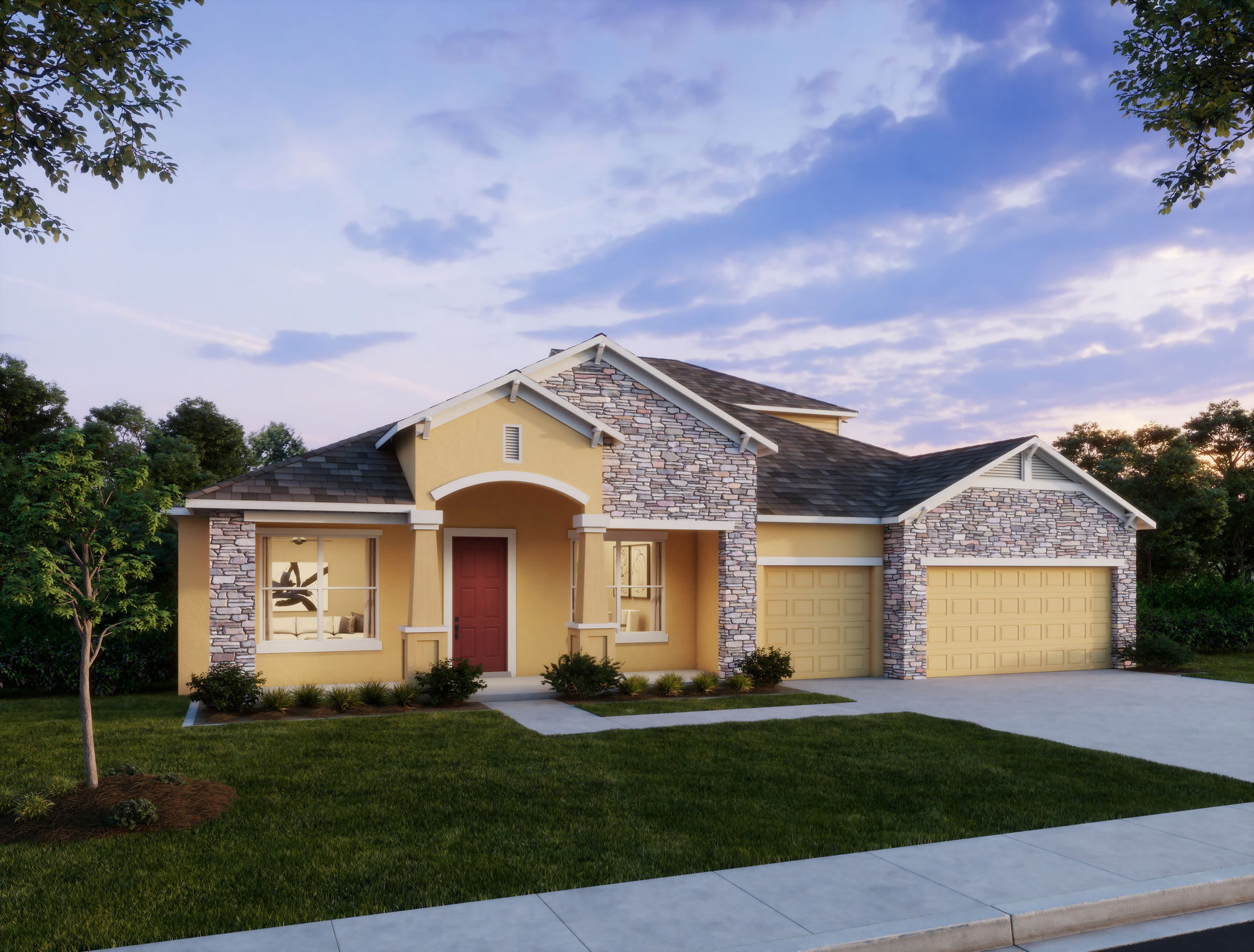 Single-story suburban home with stone accents, red door, and a double garage against a twilight sky.
