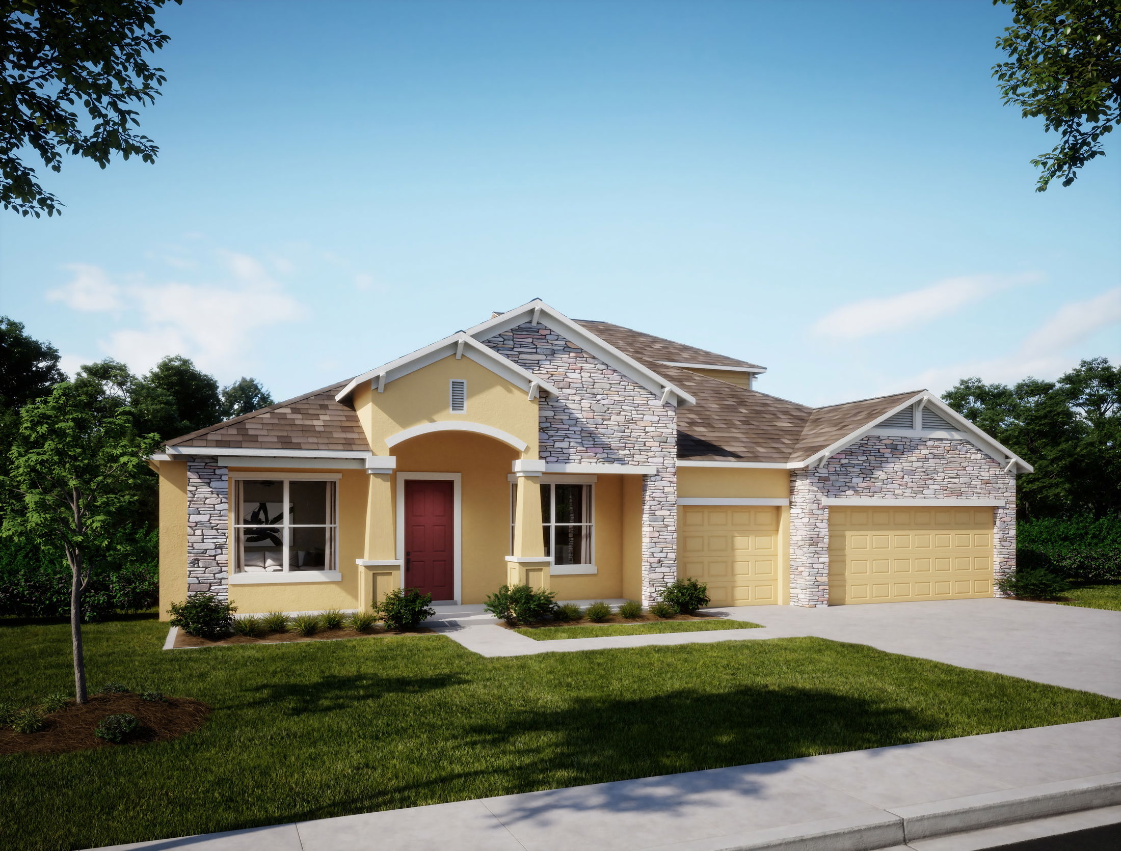 Yellow and stone facade modern suburban house with a red door, double garage, and landscaped front yard.