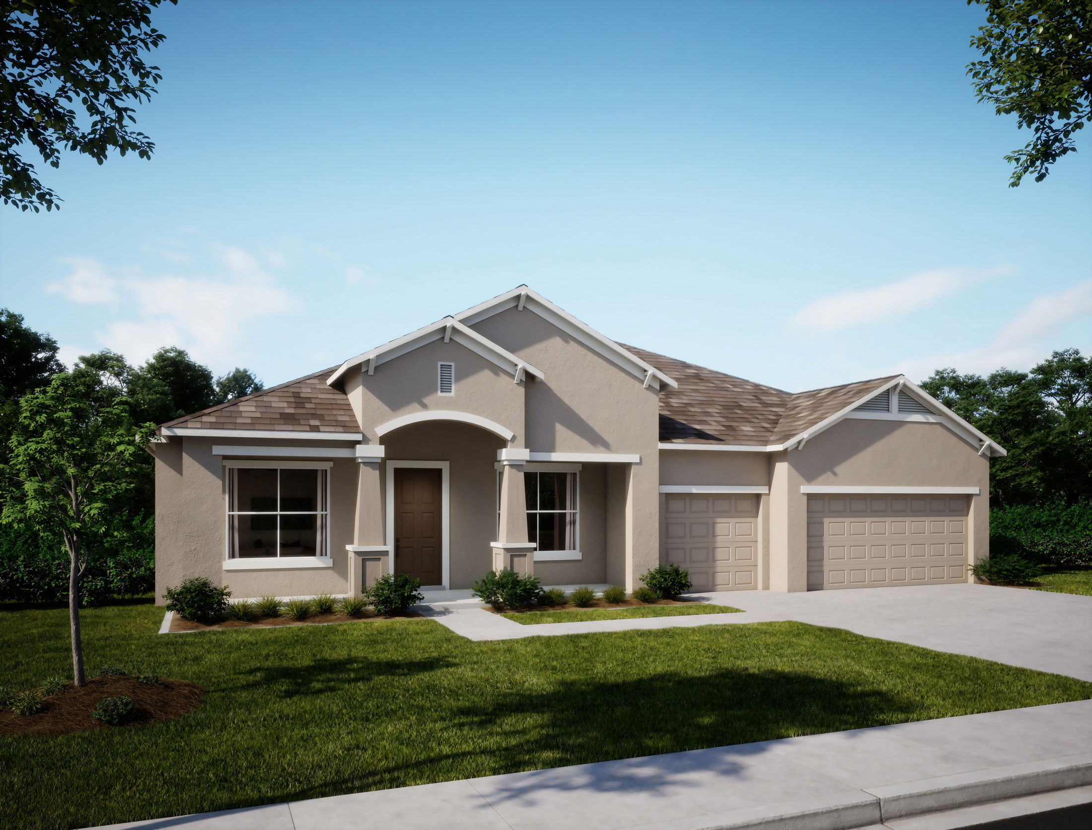 Modern single-story stucco house with a three-car garage and landscaped front yard under a clear blue sky.
