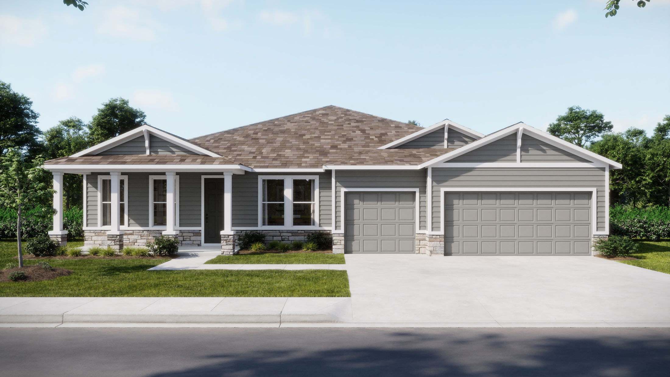 Exterior view of a modern single-story home with a stone foundation, dual garages, and landscaped front yard.