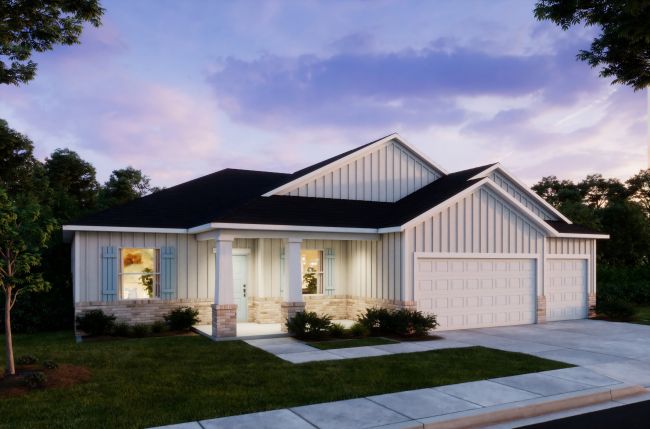 Modern suburban single-story home with white siding, a two-car garage, and a neatly landscaped front yard at dusk.