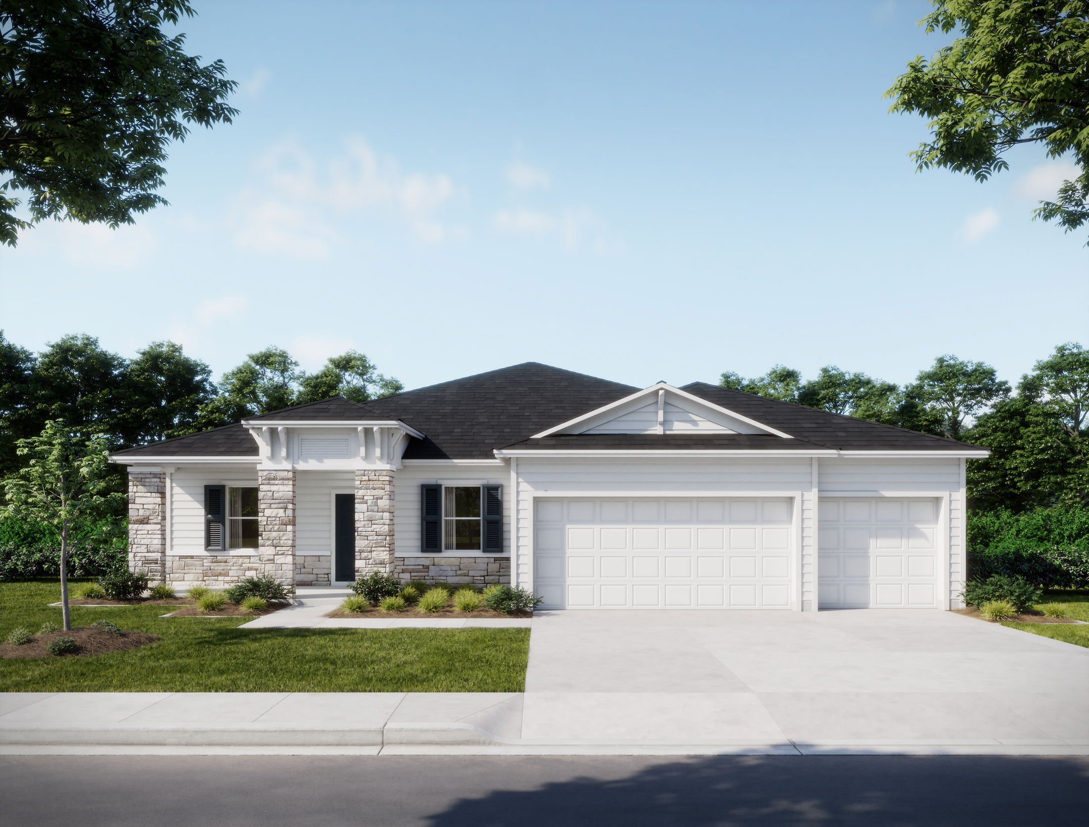 Attractive single-story suburban home with stone facade, large garage, and well-manicured lawn under a clear blue sky.