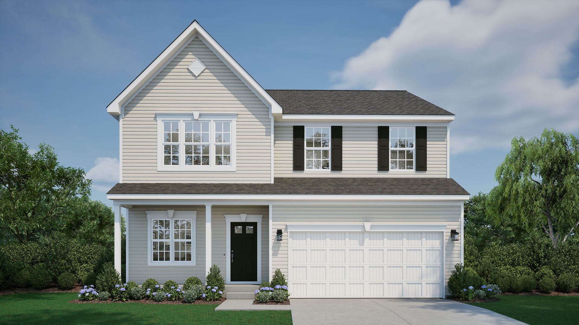 A modern two-story house with beige siding, black shutters, and a white garage door, surrounded by lush greenery and blue skies.