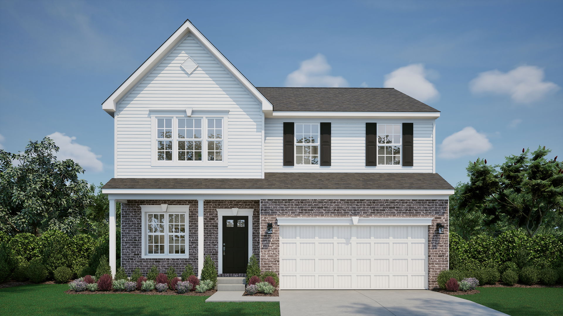 Classic two-story suburban home with brick and white siding exterior, black shutters, and a well-manicured front yard under a clear blue sky.