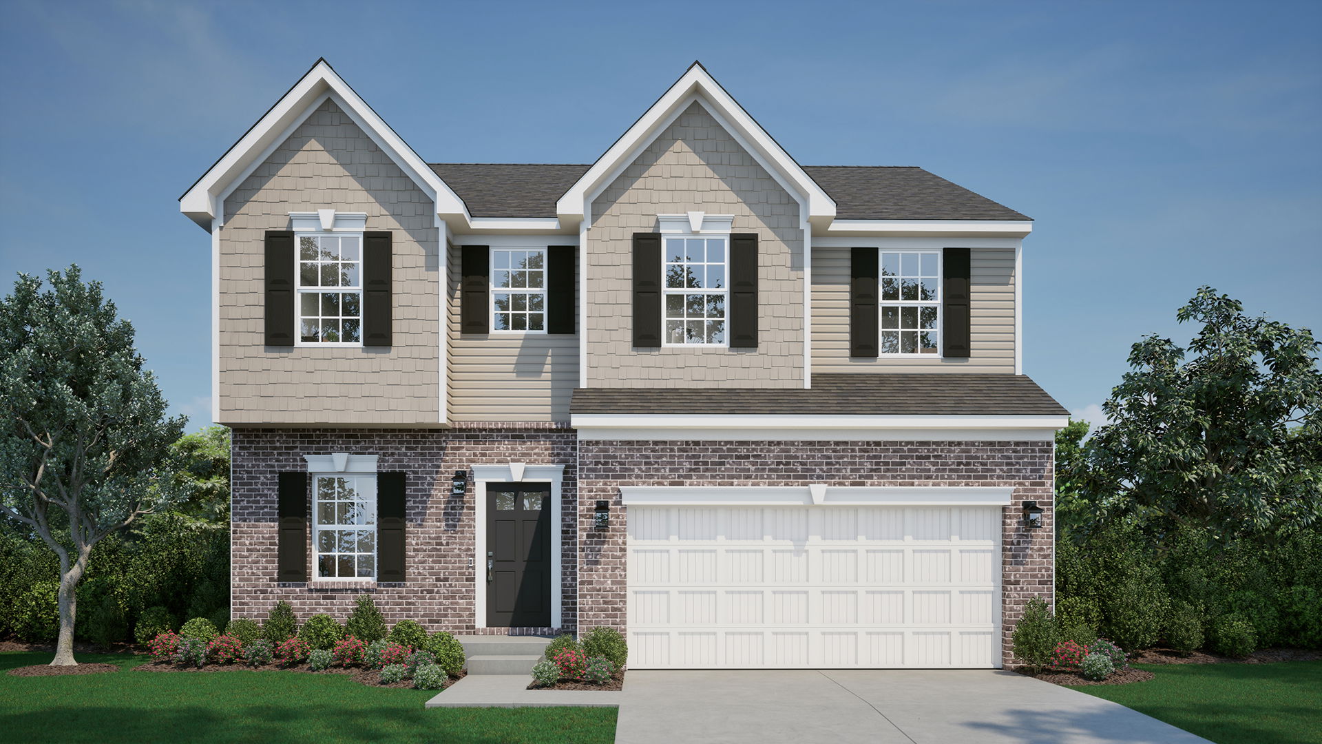 Two-story suburban home with tan siding, black shutters, brick exterior, and a two-car garage, surrounded by green landscaping and blue sky.