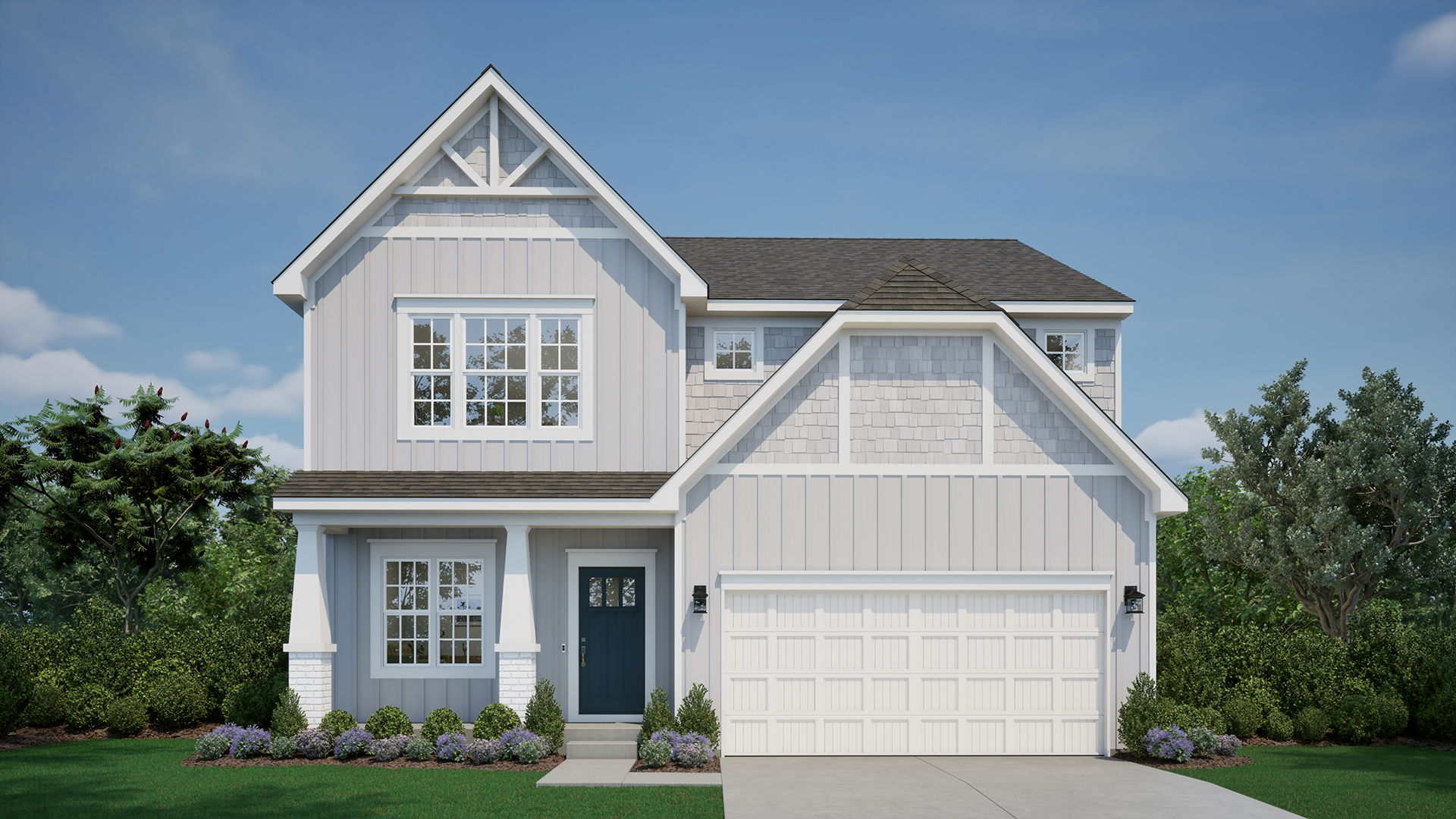 Modern two-story house with light gray siding, landscaped front yard, and attached garage.