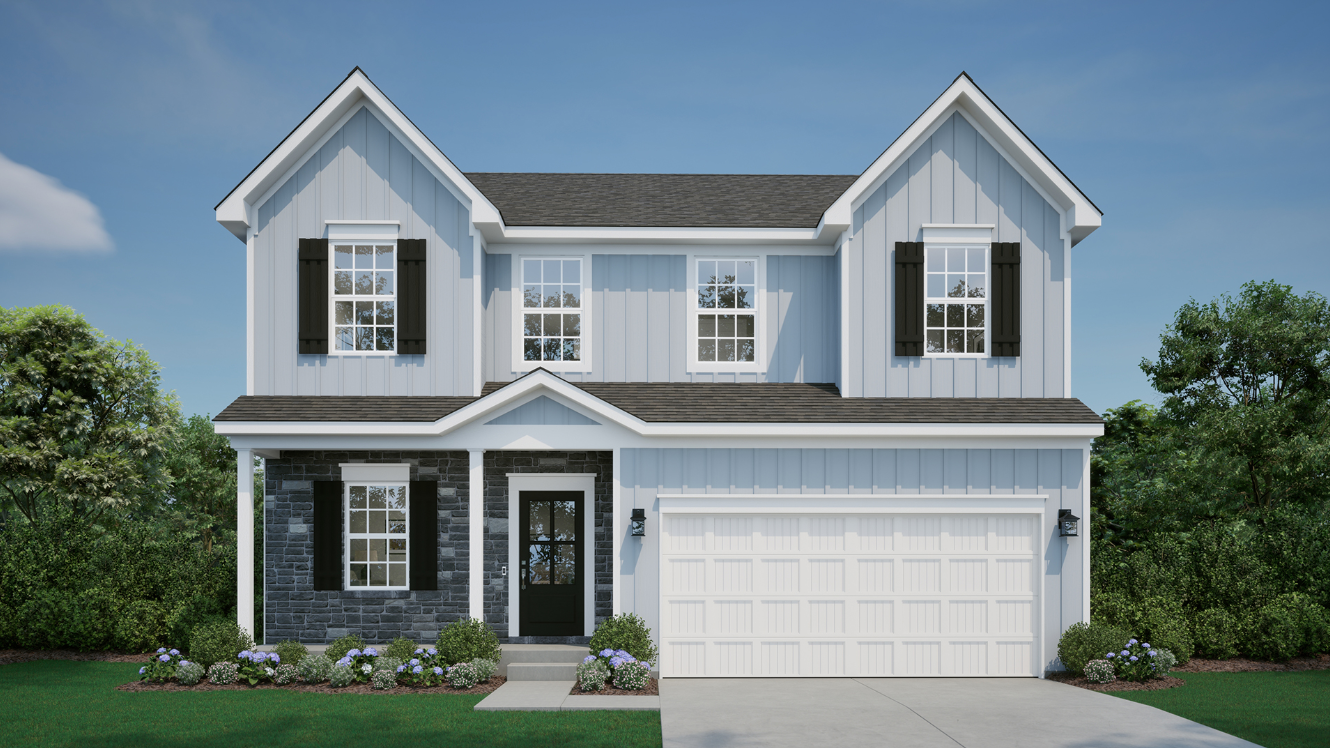 Two-story modern suburban house with a light blue facade, dark shutters, and a white garage door.
