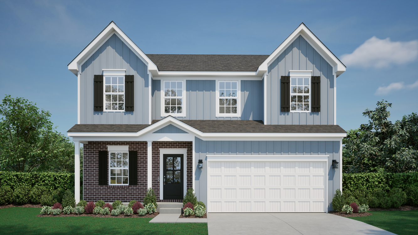 Blue two-story suburban house with white garage and brick accents, surrounded by neatly trimmed bushes under a clear blue sky.