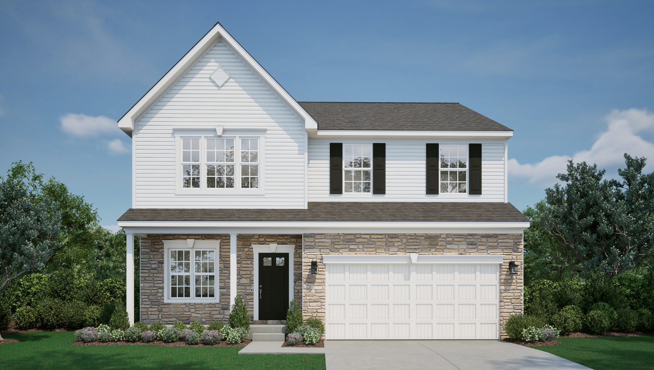 Two-story suburban house with stone and siding exterior, featuring a double garage surrounded by green landscaping.