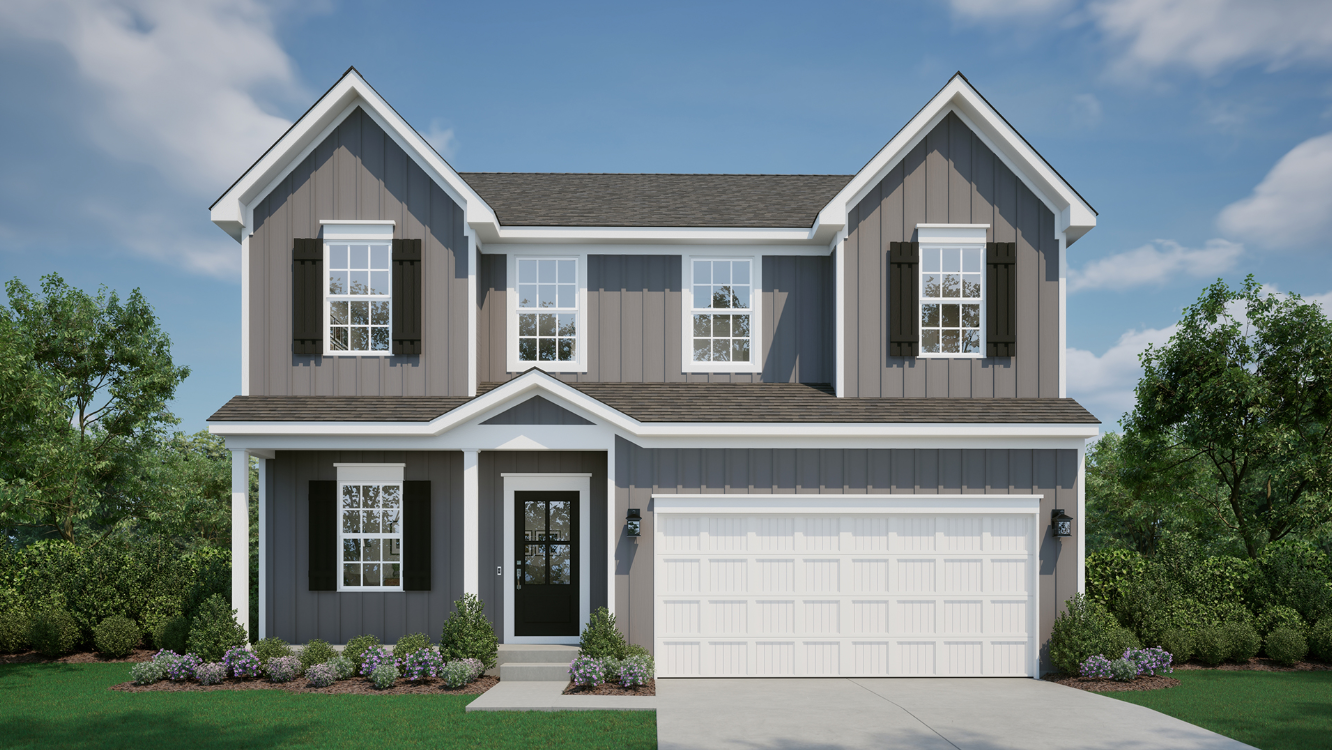 Two-story modern suburban house with gray siding, white trim, and a two-car garage, surrounded by a well-manicured lawn and landscaping.