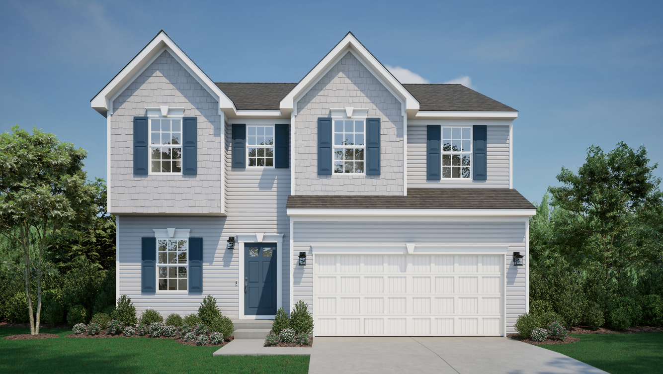 Modern two-story suburban house with blue shutters and a double garage, surrounded by green landscaping.