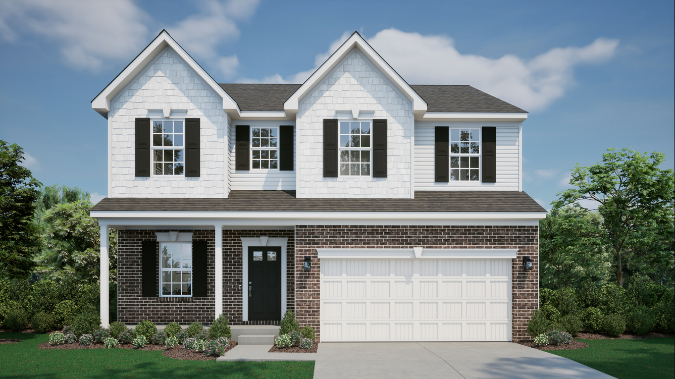 Front view of a modern two-story house with a mix of white siding, dark shutters, and brick facade, featuring a double garage and manicured landscaping.