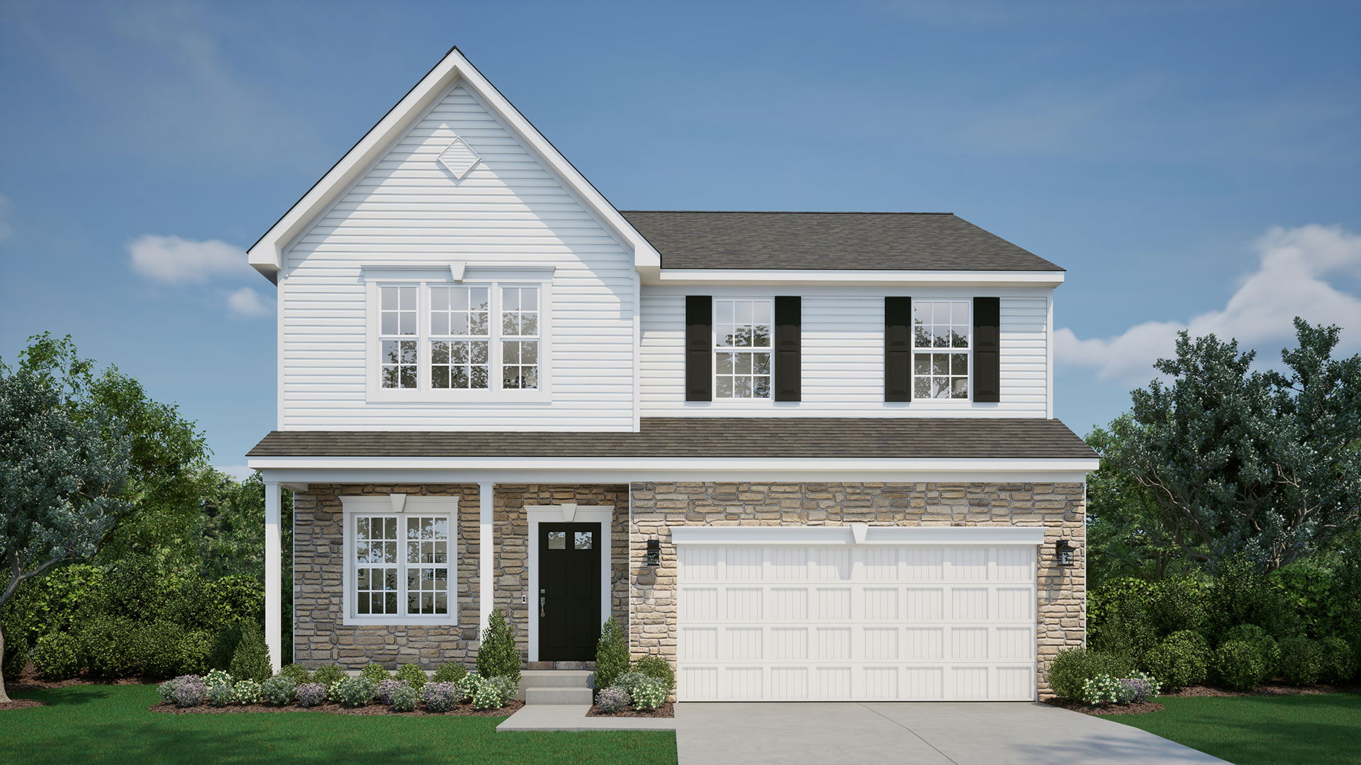 Two-story suburban house with stone and white siding and a spacious garage, surrounded by green lawn and bushes under a clear blue sky.
