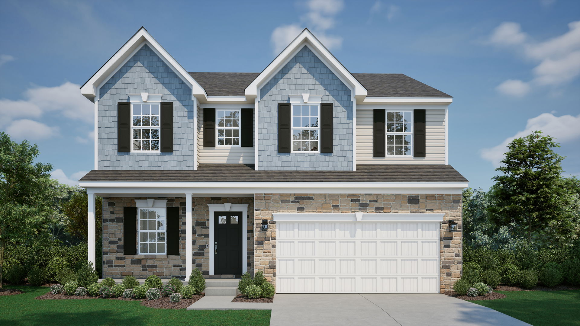 Two-story suburban home with stone and siding facade, dark shutters, and a white garage door.