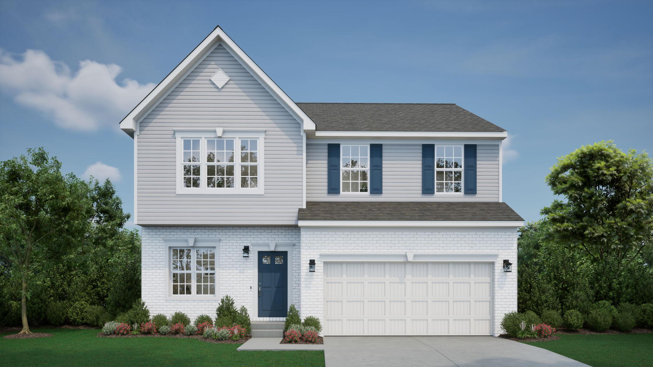 Modern two-story suburban home with gray siding, blue shutters, a blue front door, and a two-car garage surrounded by lush greenery.