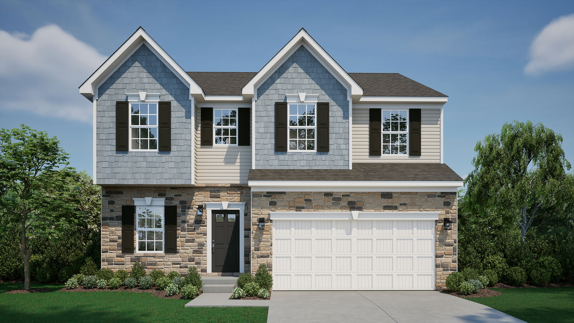 Modern two-story house with stone and siding exterior, featuring a double garage and landscaped greenery.
