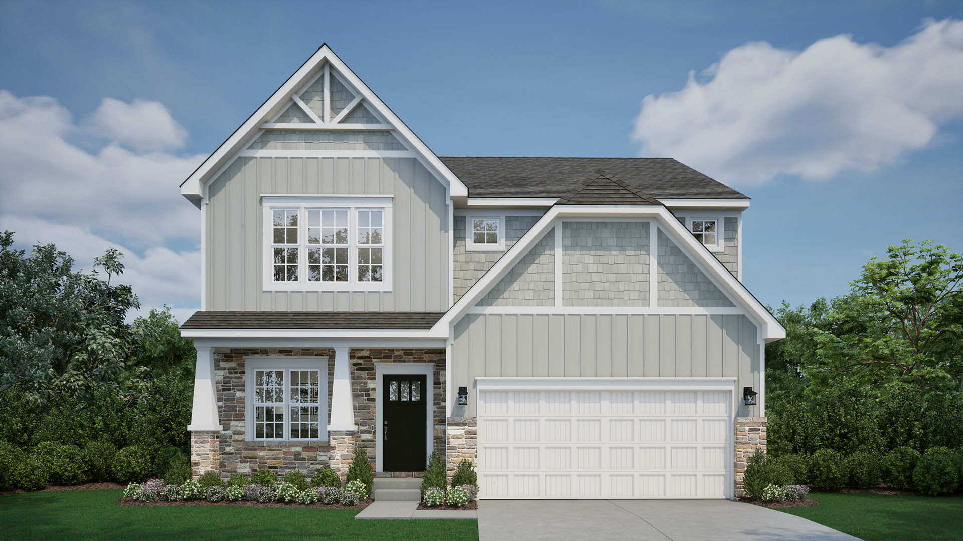 Modern two-story suburban home with a stone facade, grey siding, and a white garage door surrounded by greenery under a blue sky.