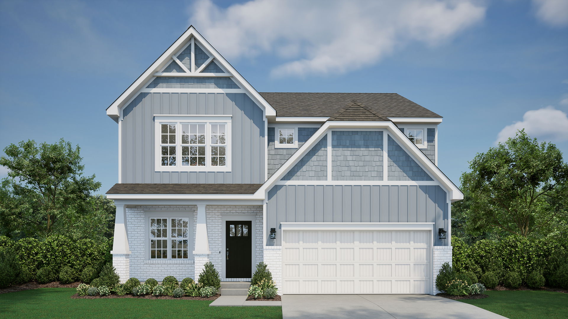 Modern two-story blue and white house with a gable roof, large windows, and a manicured lawn.