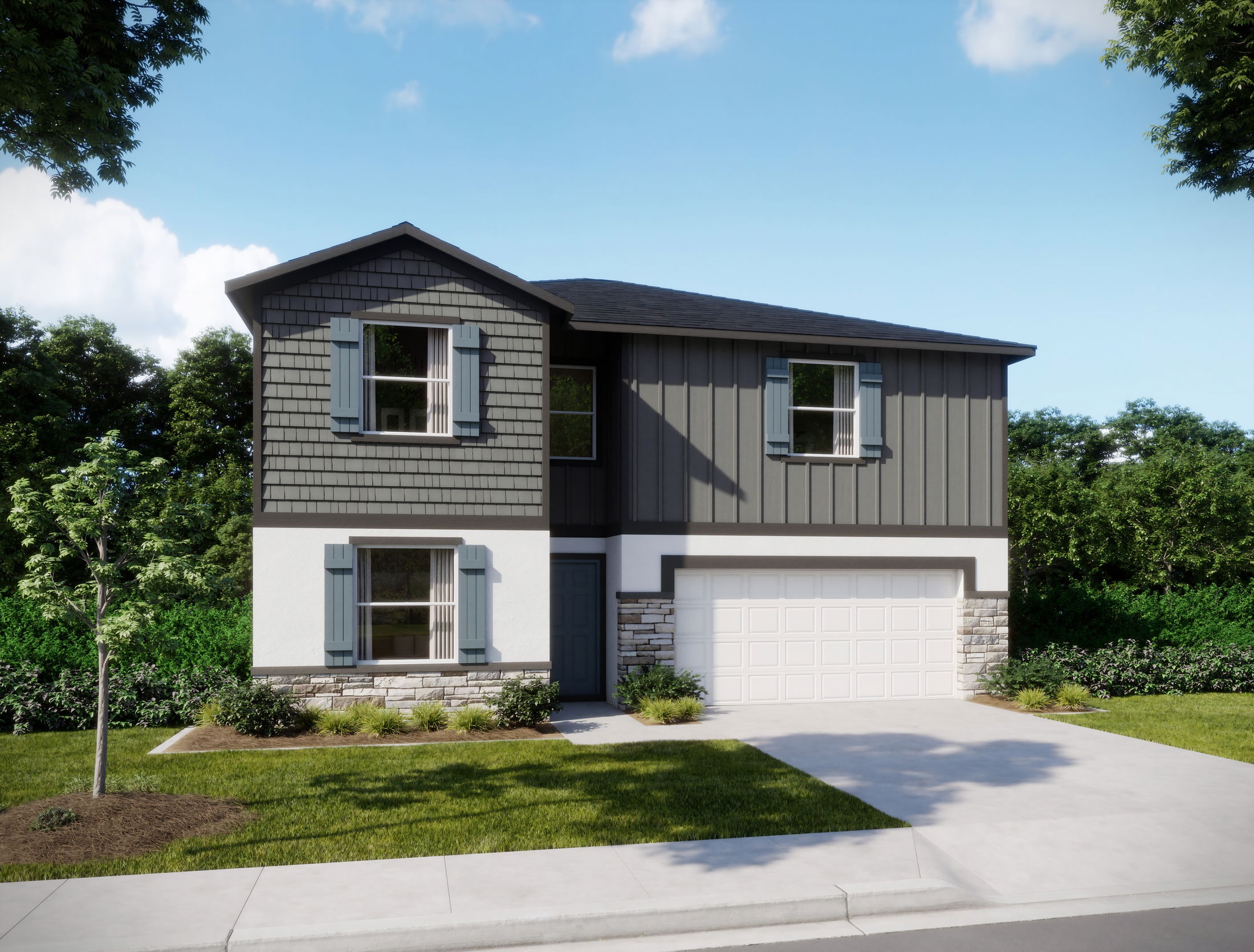 Modern two-story suburban home with blue shutters, a two-car garage, and landscaped front yard on a sunny day.