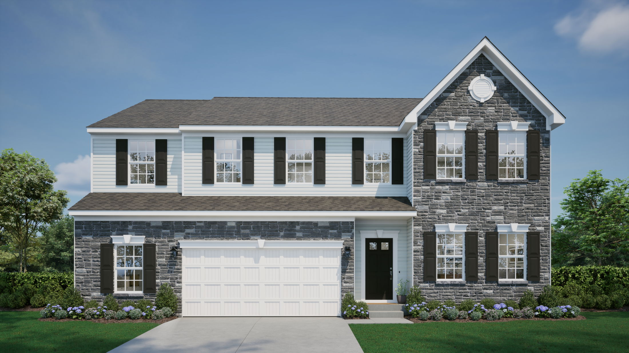 Two-story suburban home with stone and siding exterior, dark shutters, and a two-car garage.
