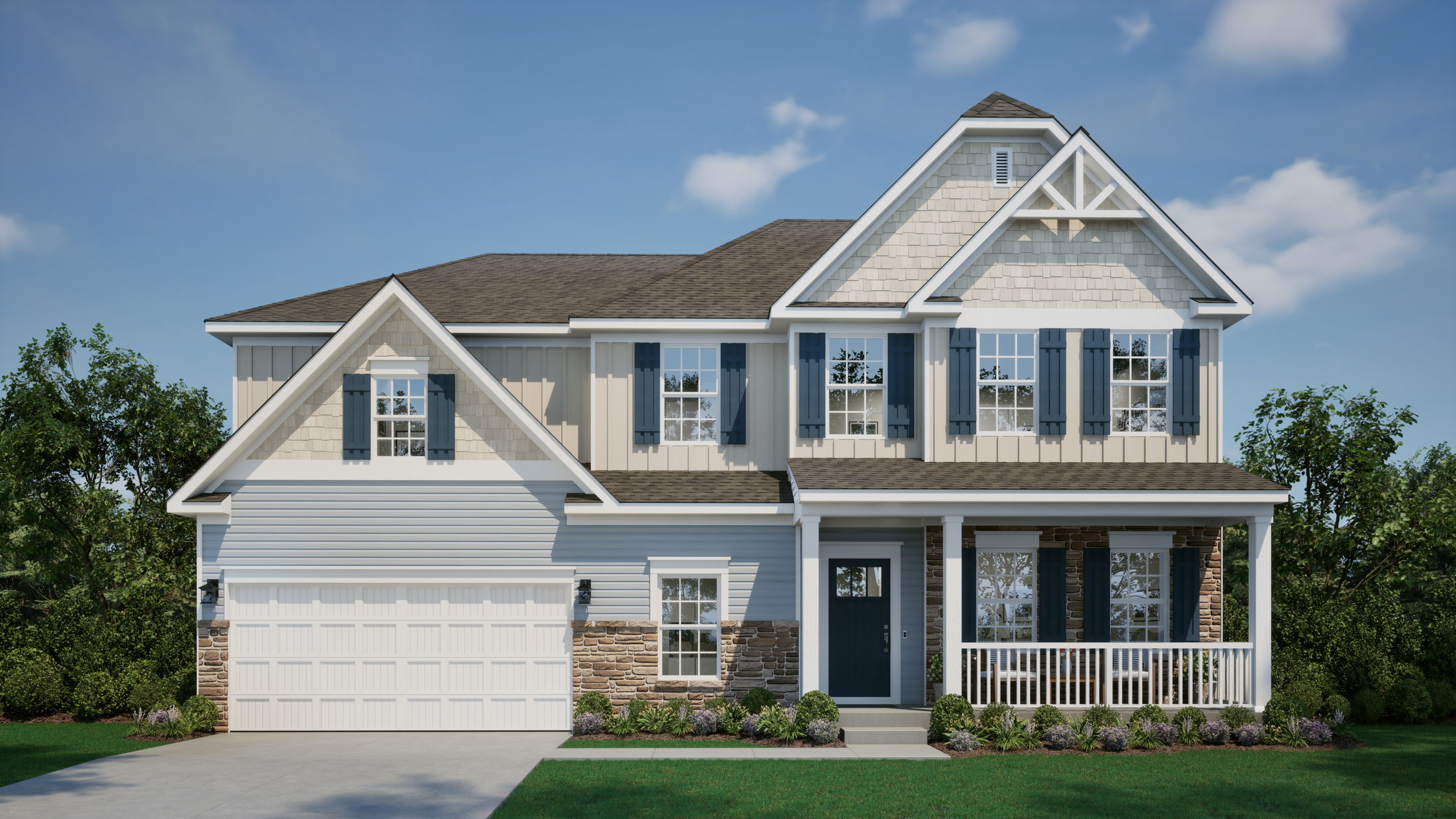 Two-story suburban house with a mix of siding and stone exterior, featuring a garage, blue shutters, and a welcoming front porch.